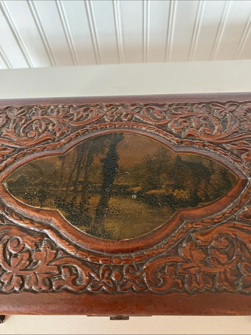 Vintage 50’s Carved Wood Jewelry/Trinket Box With Motif